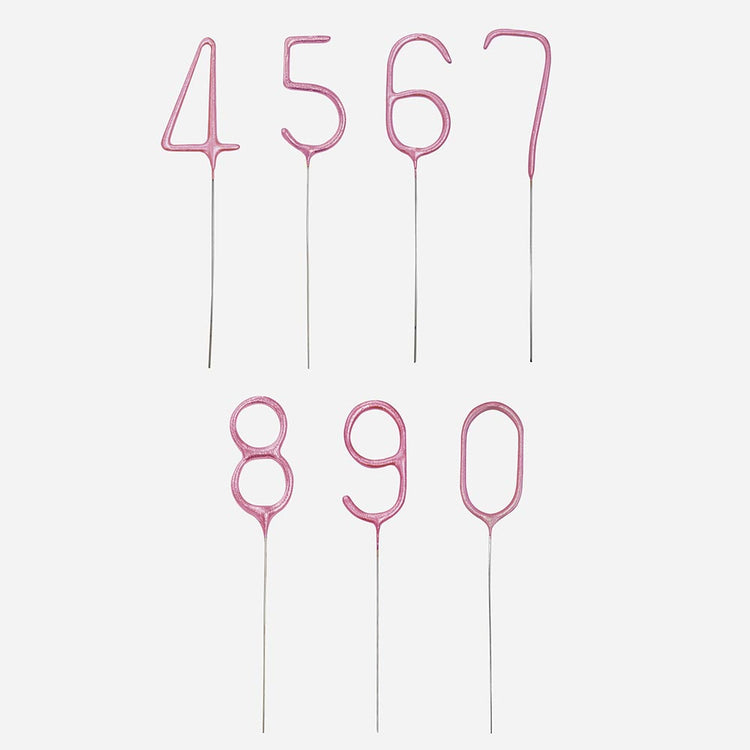 Gâteau anniversaire fille : cierges magiques chiffres 4 à 9 rose