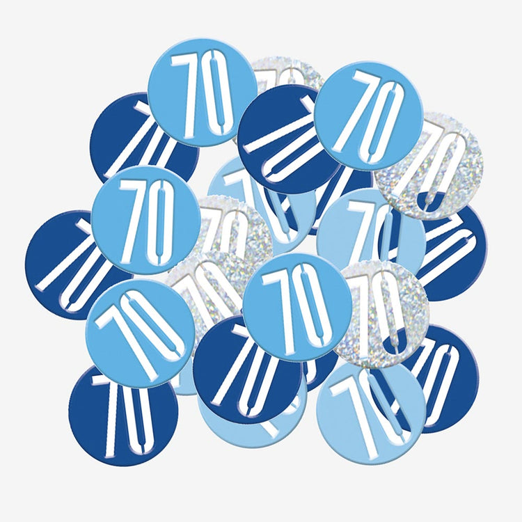 Confettis 70 ans bleus pour décoration table anniversaire adulte