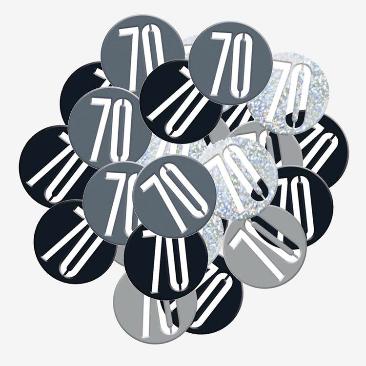 Confettis 70 ans noirs : idée decoration fete adulte élégante