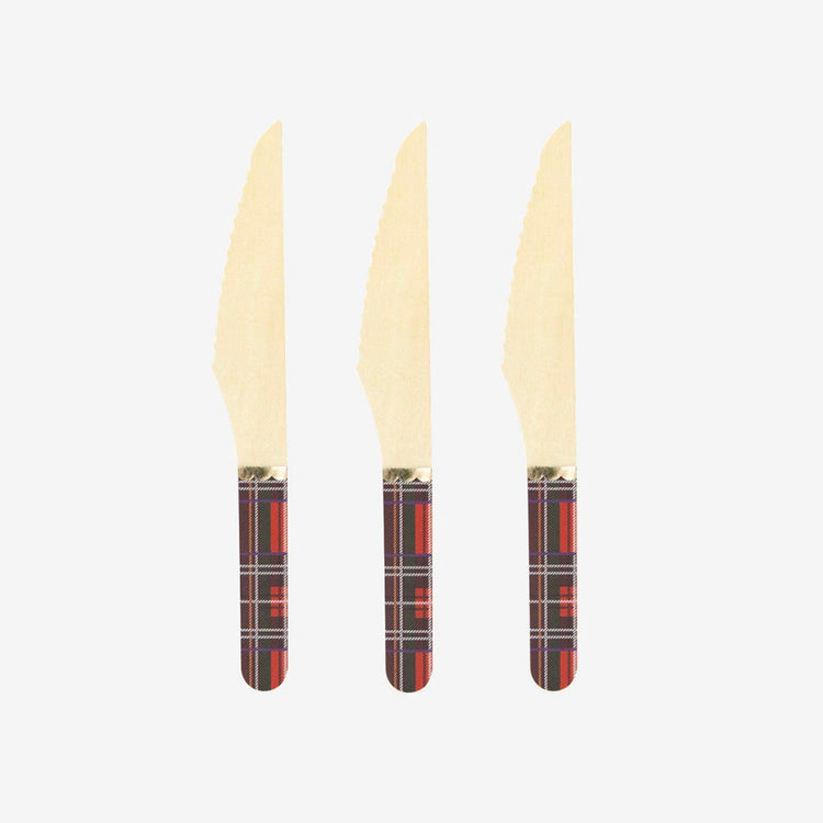 Vaisselle réutilisable : 8 petits couteaux en bois motif tartan