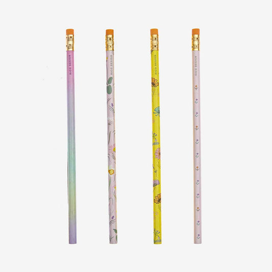 4 crayons à papier fleurs pastel : petit cadeau invite fille