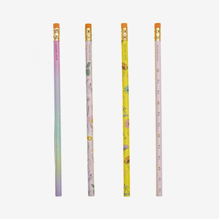 4 crayons à papier fleurs pastel : petit cadeau invite fille