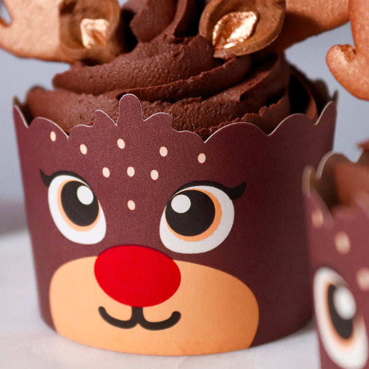 6 déco comestibles et 6 caissettes à cupcakes rennes de Noël
