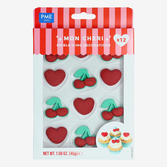 12 déco en sucre coeurs et cerises, décoration gourmande pour gâteaux
