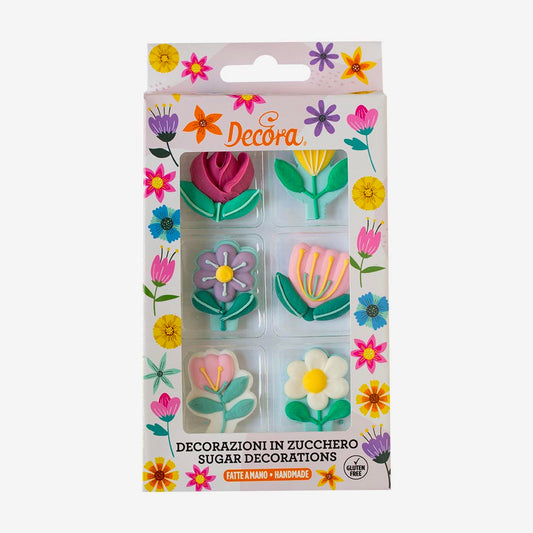 6 fleurs en sucre colorées, touche florale pour pâtisserie