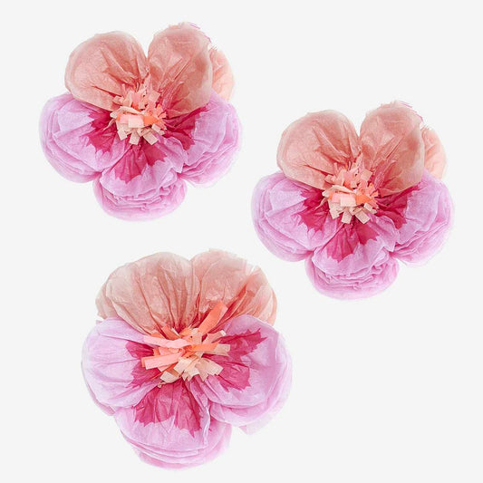 3 fleurs en papier de soie rose : decoration anniversaire hawaii