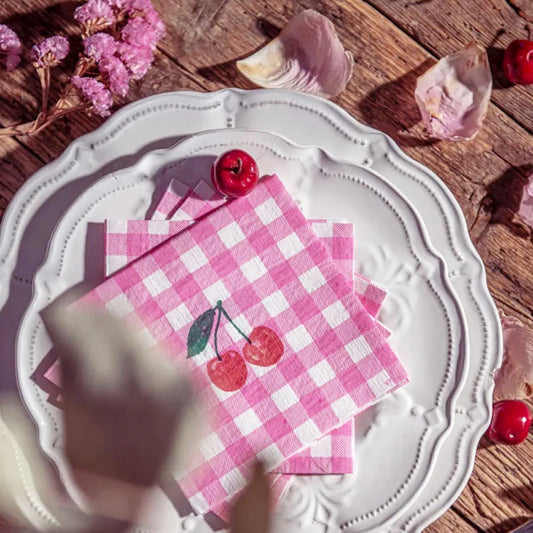20 petites serviettes vichy rose cerise : deco baby shower fille