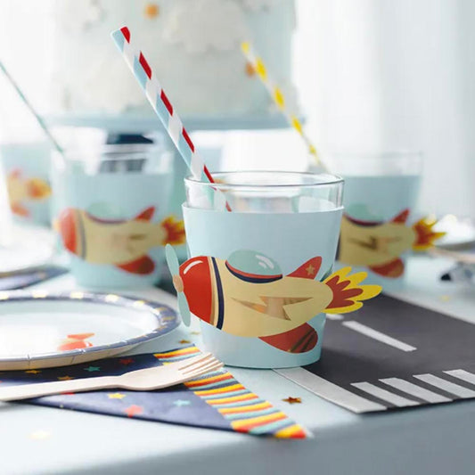 6 manchons pour gobelets avion : deco de table anniversaire aviation