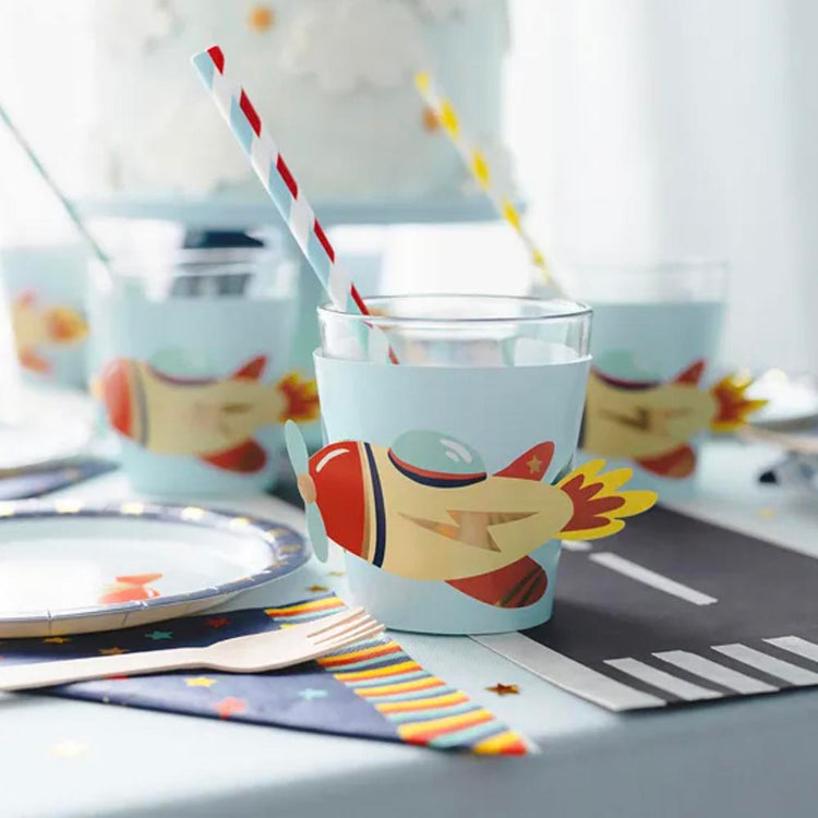 6 manchons pour gobelets avion : deco de table anniversaire aviation