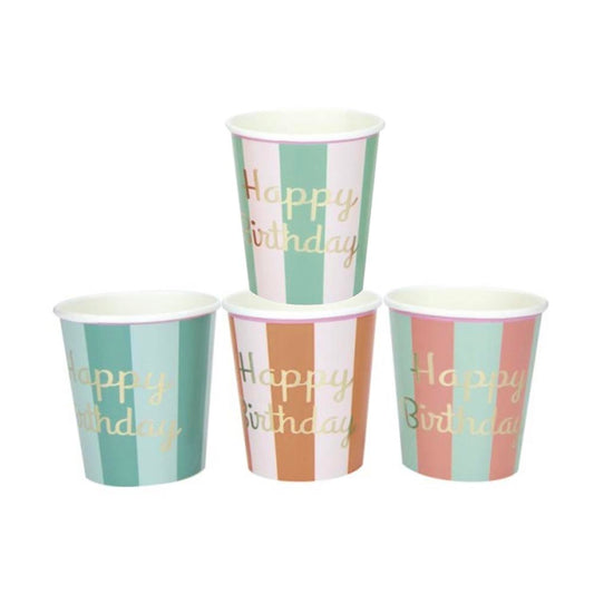 gobelets happy birthday pastel rayure vaisselle en carton anniversaire coloré