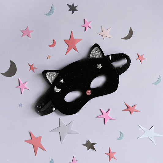 Masque chat velours noir et argent : accessoire déguisement enfant Halloween