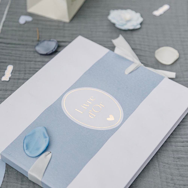 Carnet livre d’or bleu et blanc, élégant pour un événement spécial