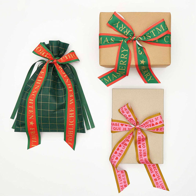 Ruban cadeau amour fuchsia, rouge et or pour emballage cadeau de noel