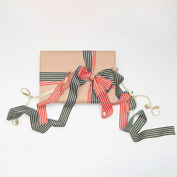 Ruban tissé rayé vert et crème pour emballage cadeau de noel