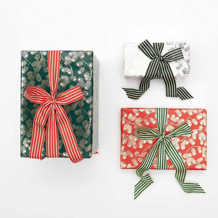 Ruban tissé rayé vert et jaune pour emballage cadeau de noel