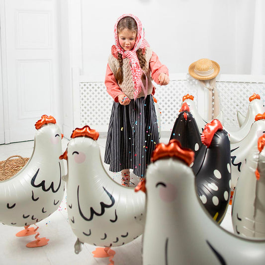 Ballon helium marcheur poule blanche : deco anniversaire ferme