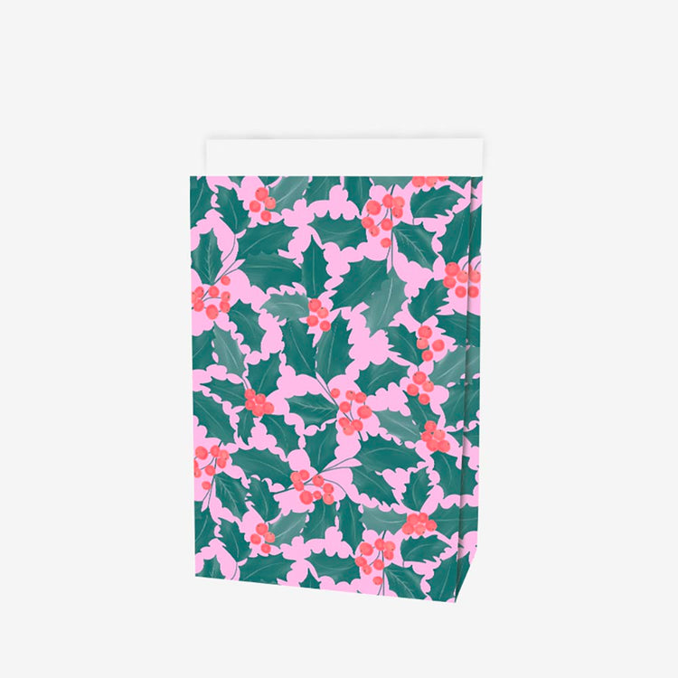 Papeterie de Noël : 1 pochette en papier à fond plat houx pour cadeau de noel ou avent