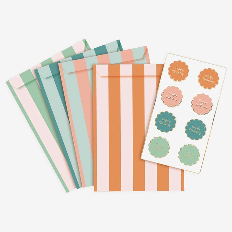 8 pochettes rayures pastel + stickers pour faire des pochettes surprises aux invités