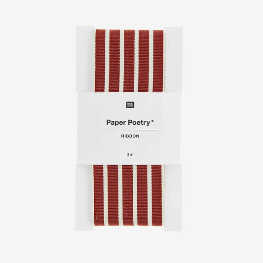 Ruban tissé rayé bordeaux et crème pour emballage cadeau de noel