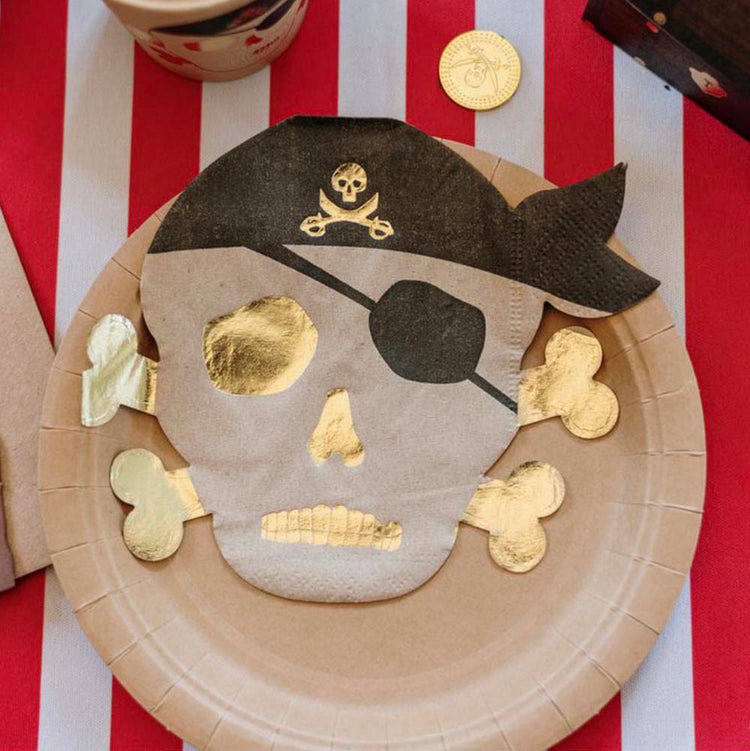 16 serviettes en papier pirate noir et doré pour déco table fête déguisée halloween ou pirate