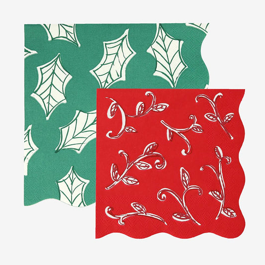 16 serviettes en papier motifs block print : deco de table noel