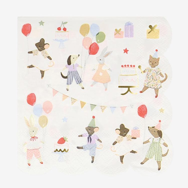 16 serviettes animaux mignons, anniversaire enfant