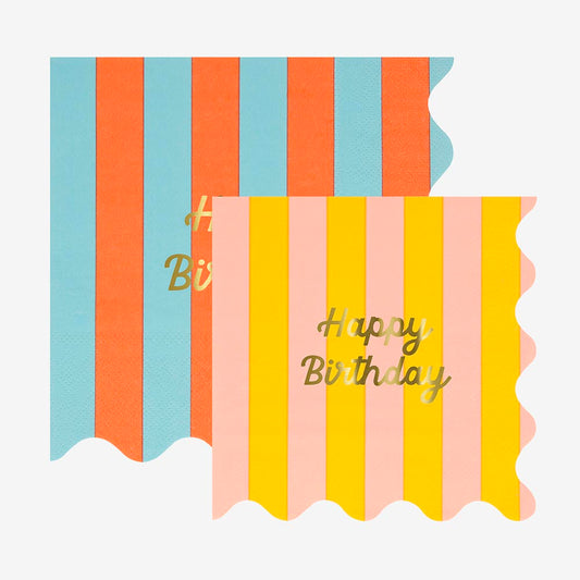 16 serviettes en papier Happy Birthday rayures : deco de table