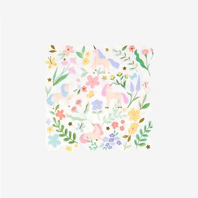 16 serviettes licornes et fleurs - Décoration d'anniversaire festive et originale