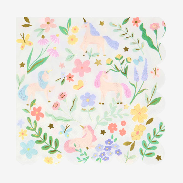 16 serviettes licornes et fleurs, anniversaire fille