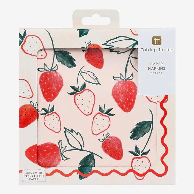 Motif fraise sur serviettes, déco de table d'anniversaire