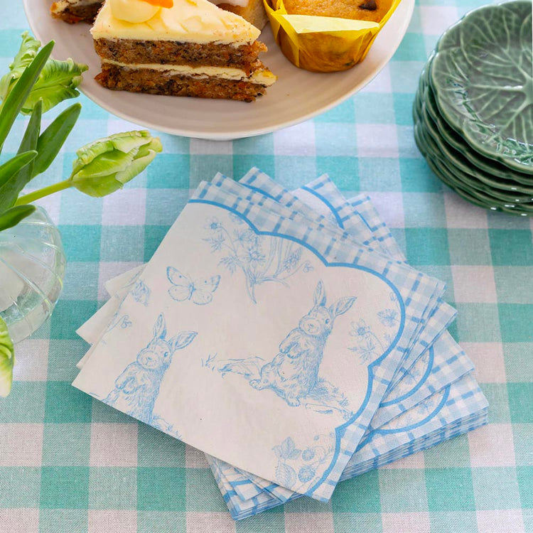 20 serviettes en papier bleues avec lapin, ambiance douce