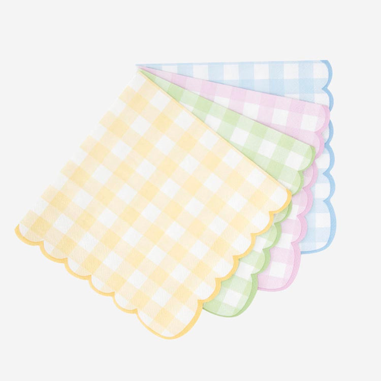 16 serviettes vichy pastel en papier vichy mélange pastel rose, bleu, jaune et vert