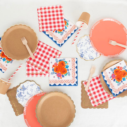 16 serviettes en papier festonné vichy : deco mariage champetre