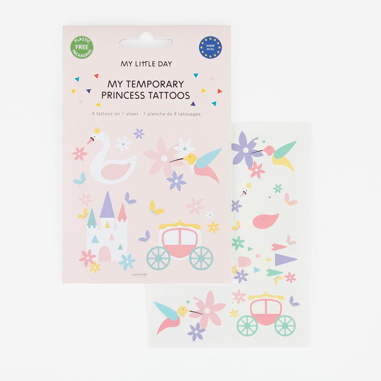 1 planche de 8 tatouages princesse : petit cadeau invité pour pinata