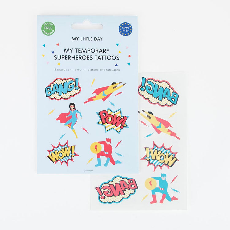 1 planche de 8 tatouages super héros pour petits cadeaux invités