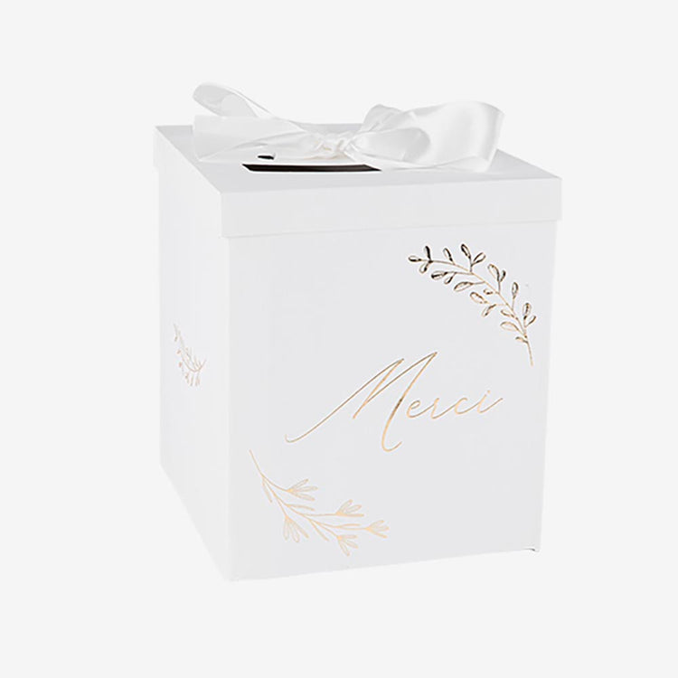 Urne 'Merci' blanche et or, parfaite pour une cérémonie