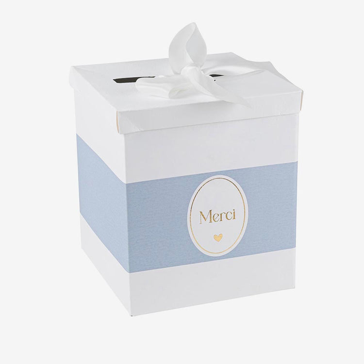 Urne 'Merci' bleue cĆur dorĂ©, idĂ©ale pour recueillir des attentions