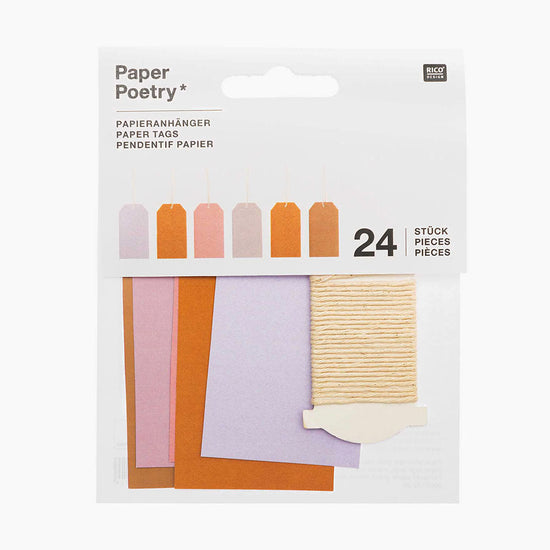 24 étiquettes cartonnées coloris pastels : orange, rose, mauve et ficelle corde