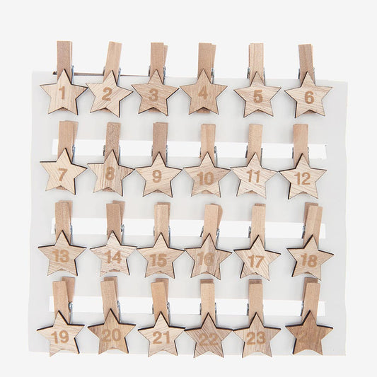 Pinces à linge chiffres étoiles en bois pour calendrier de l'avent fait maison