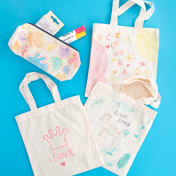 Activité anniversaire enfant diy : customisation de sac et trousse en tissu