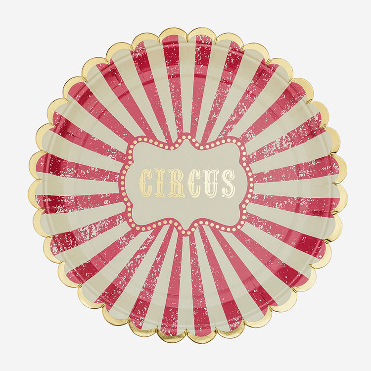 Assiettes en carton circus rouges et blanches pour deco anniversaire cirque