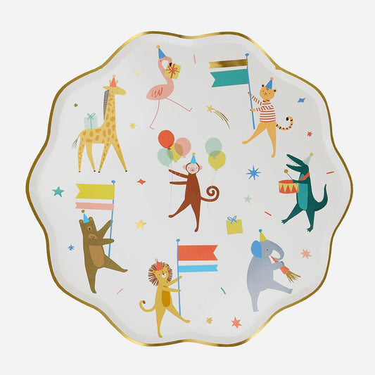 8 assiettes en carton parade des animaux pour deco anniversaire 1 an