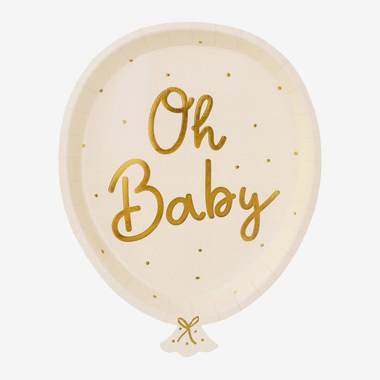 8 assiettes en carton en forme de ballon pois doré : deco baby shower