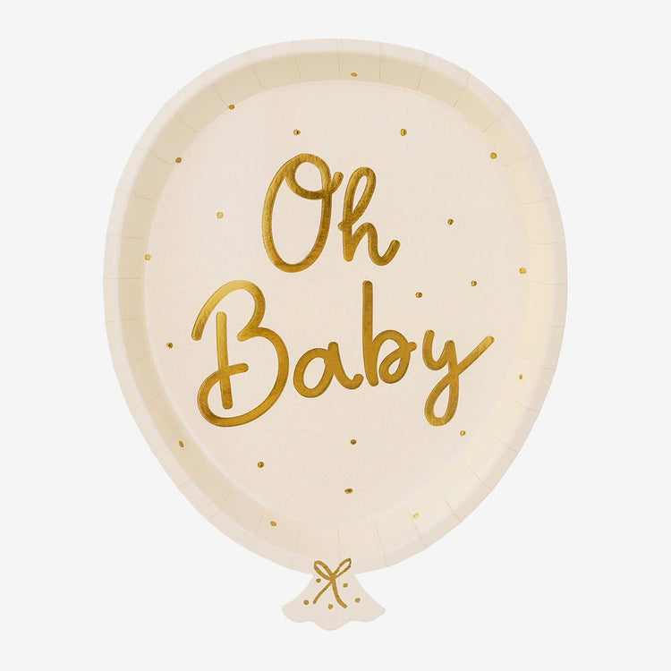 8 assiettes en carton en forme de ballon pois doré : deco baby shower