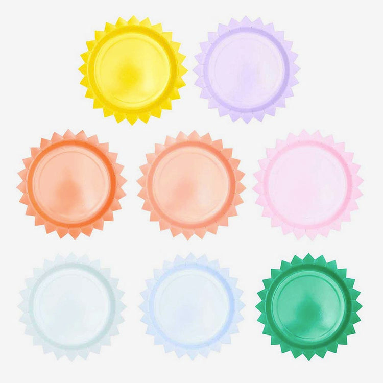 Vaisselle jetable multicolore : 8 assiettes carton soleil multicolores