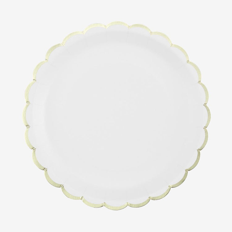 Assiette blanche et frise dorée pour deco mariage, table de baby shower ou deco baptême