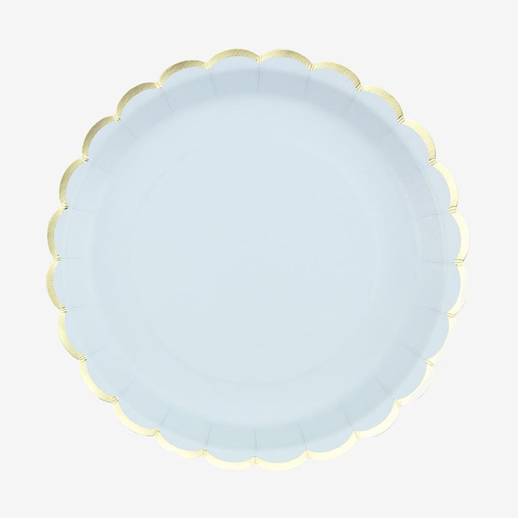 Assiette bleu pastel et frise dorée pour deco baby shower garçon ou deco baptême garçon