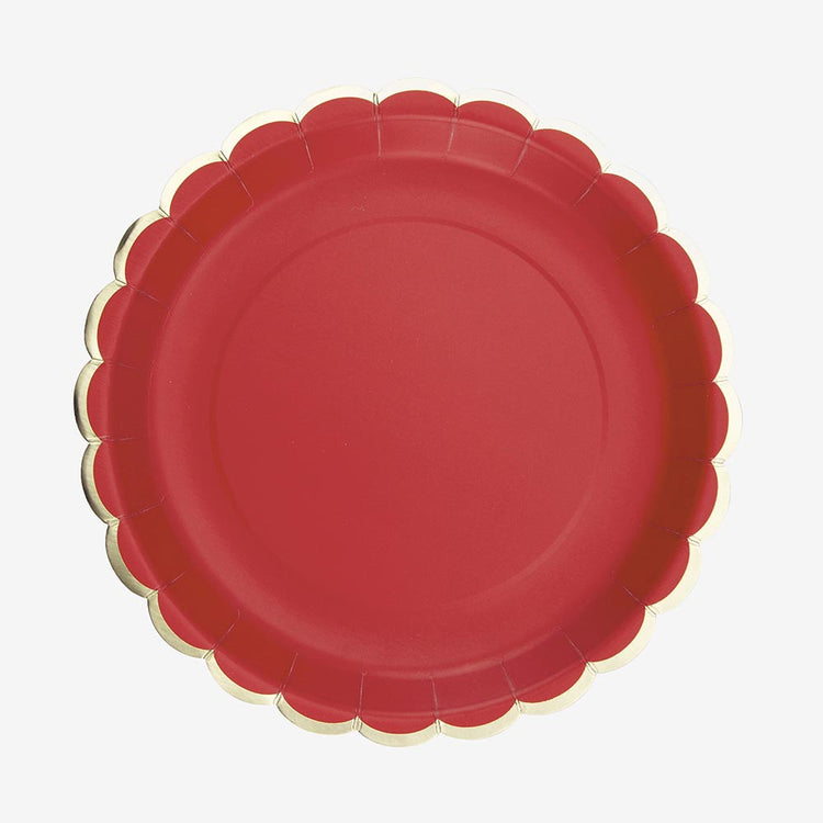 Assiette rouge et frise dorée pour anniversaire chaperon rouge, cirque ou deco mariage