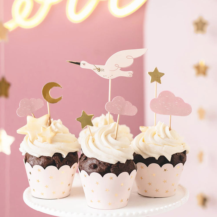 Toppers cigogne rose pour decoration gateau baby shower fille