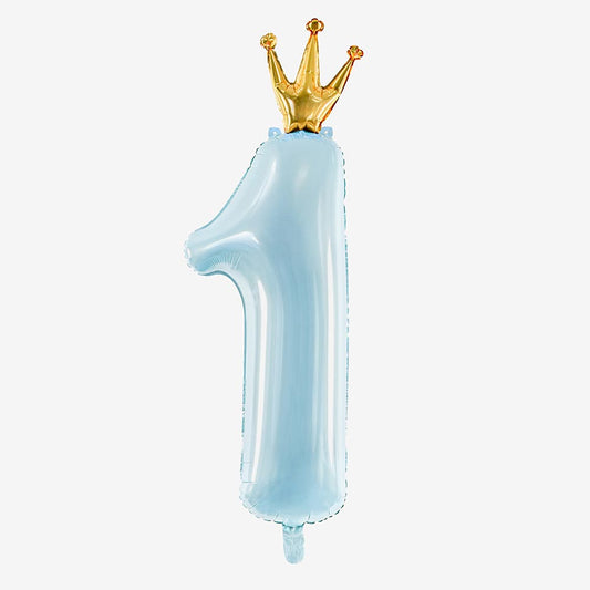 Anniversaire 1 an garçon : ballon chiffre 1 bleu avec couronne dorée
